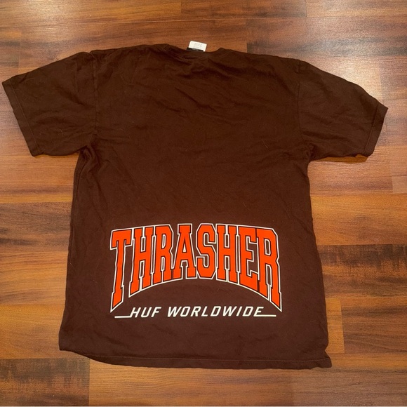 HUF Brown and Orange Thrasher HUF Worldwide Men’s T Shirt Size M - Picture 2 of 4